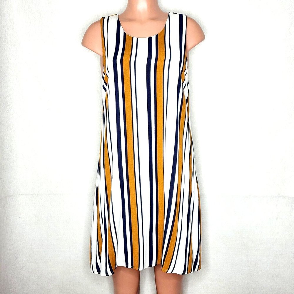 Ellison Striped Sleeveless Shift Dress Black White Brown Lined